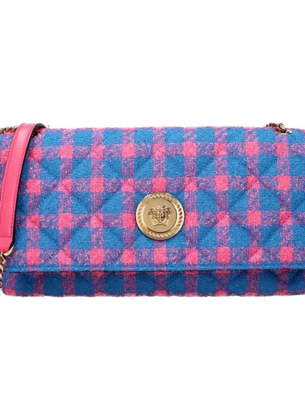 Versace Pink and Blue Tweed Crossbody with Medusa Coin
